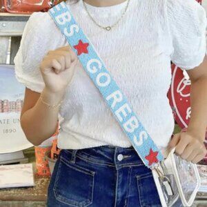 Adjustable Blue 'Go Rebs' Beaded Crossbody Strap with Red Star Accents